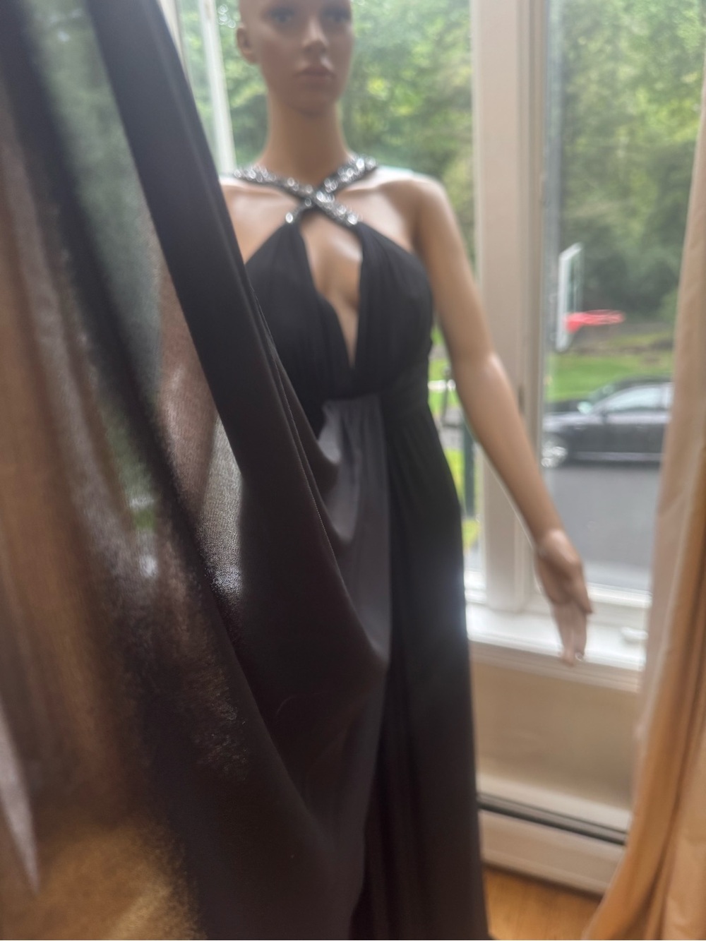 Black Chiffon Halter Evening Gown with Crystal Cross-Strap - Picture 2 of 14